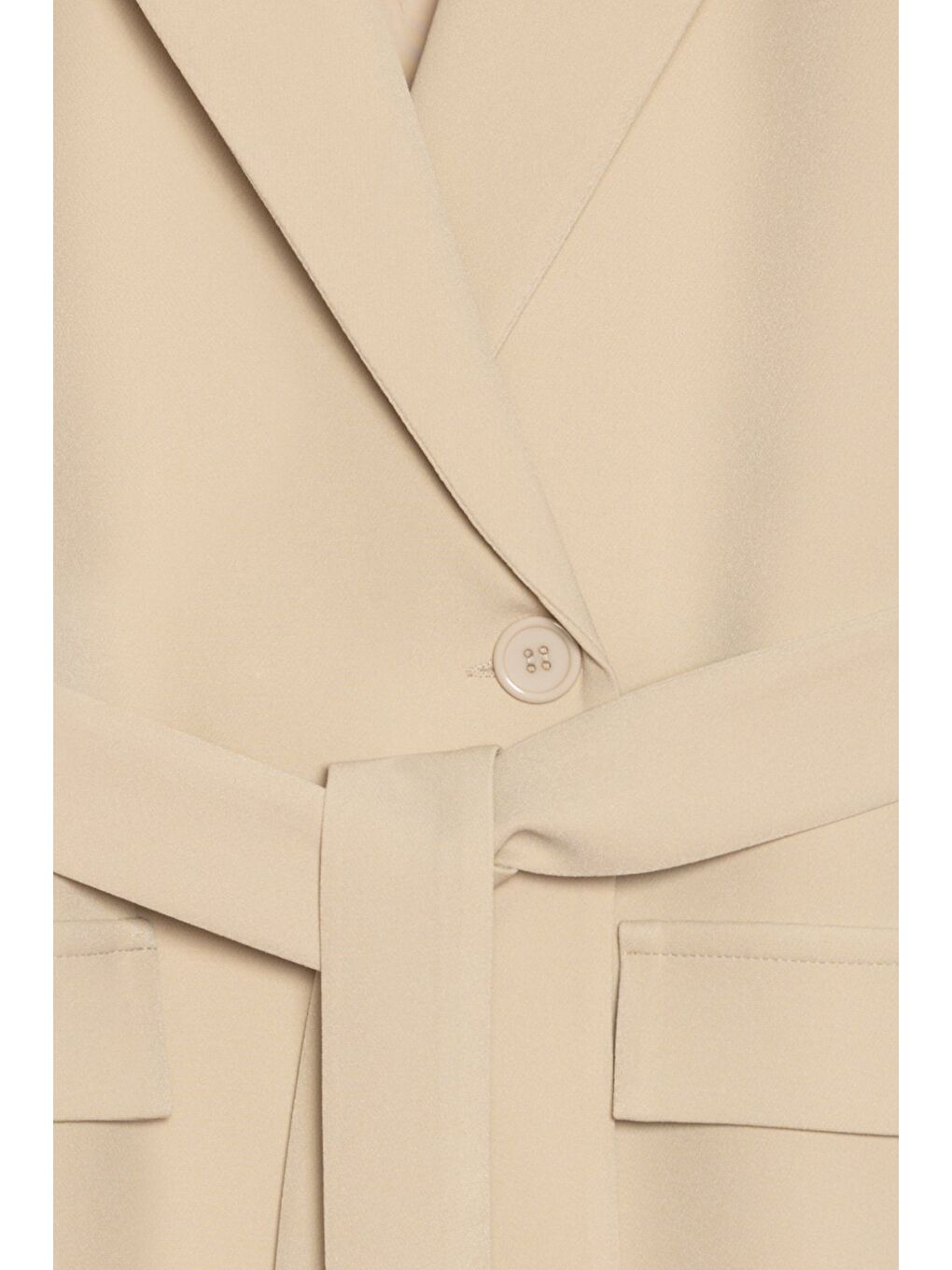 Bej Kadın Tek Düğmeli Dokuma Kruvaze Blazer Ceket - Kuşaklı-2