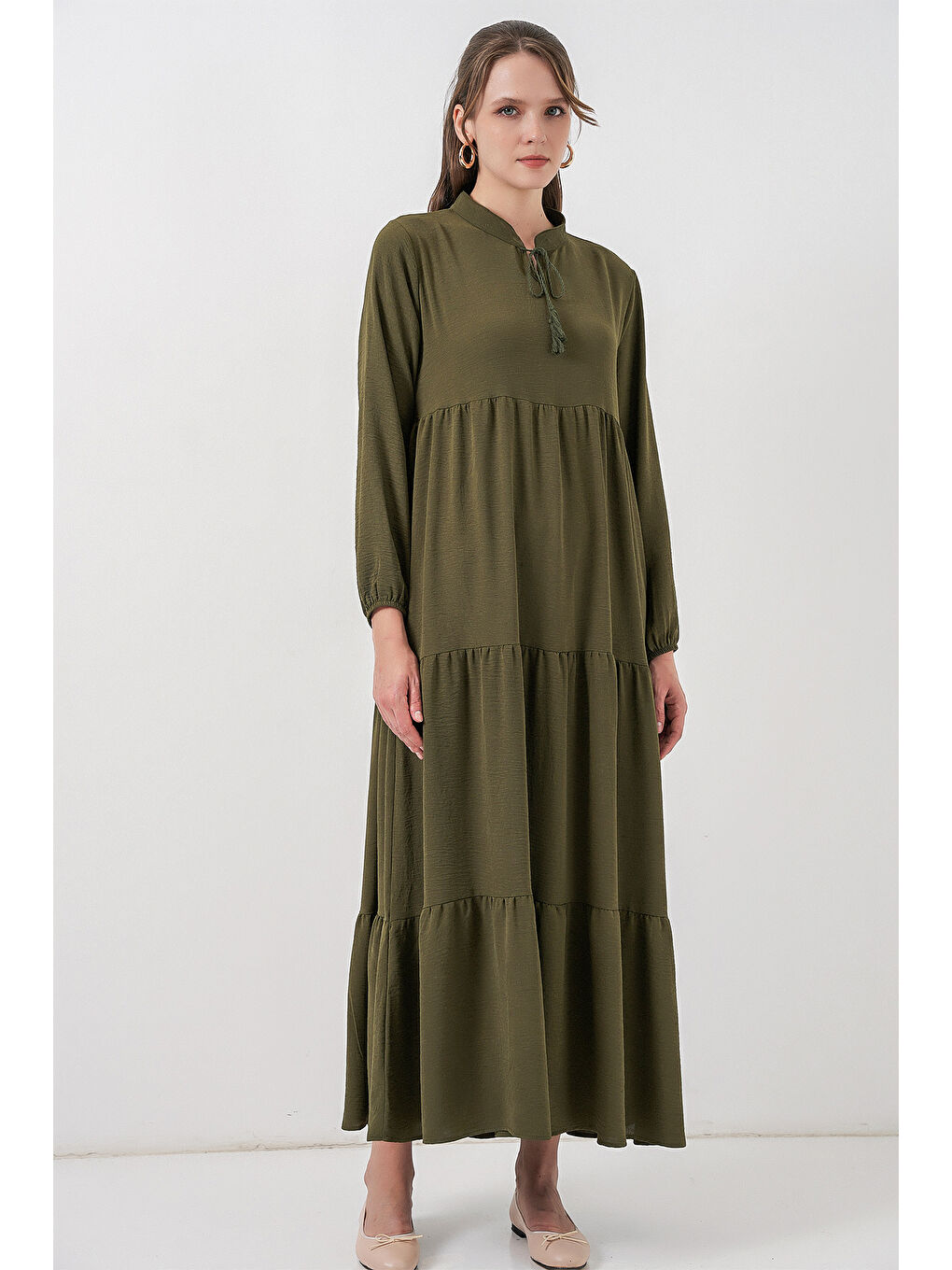 T1627 Yaka Bağcıklı Elbise - D.Haki-3