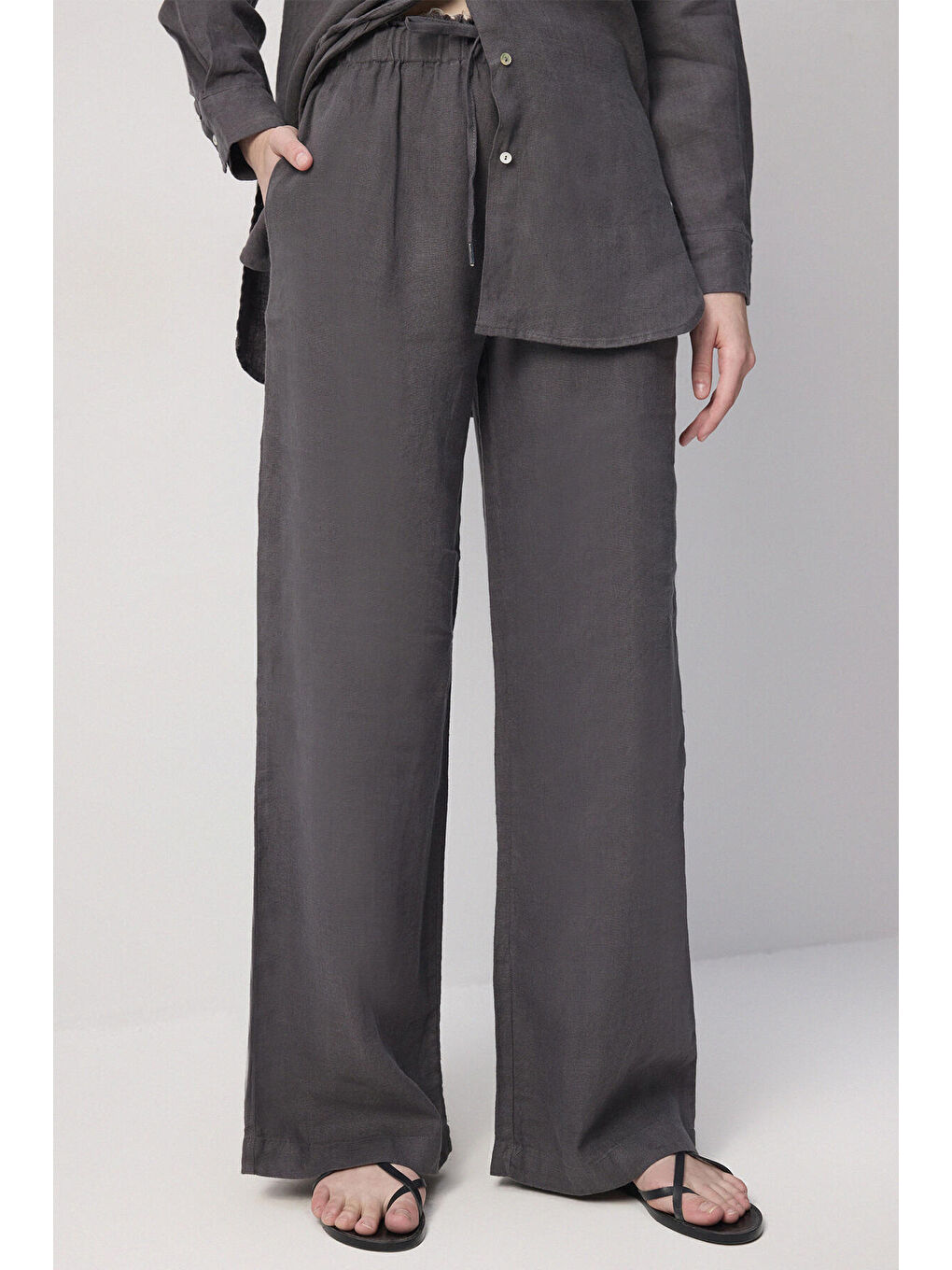 Antrasit %100 Keten Yandan Bağlamalı Tunik Pantolon Takım-3