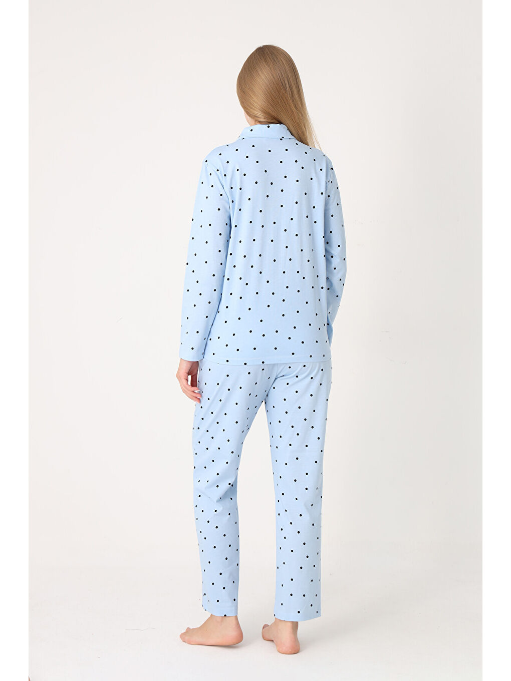 Mavi Polka Dot Önden Düğmeli Pijama Takım-2