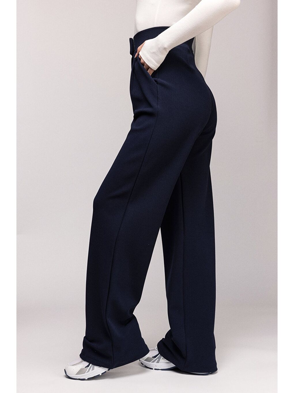 Lacivert Kadın Yüksek Bel Elastanlı Palazzo Pantolon - Cırtlı-2