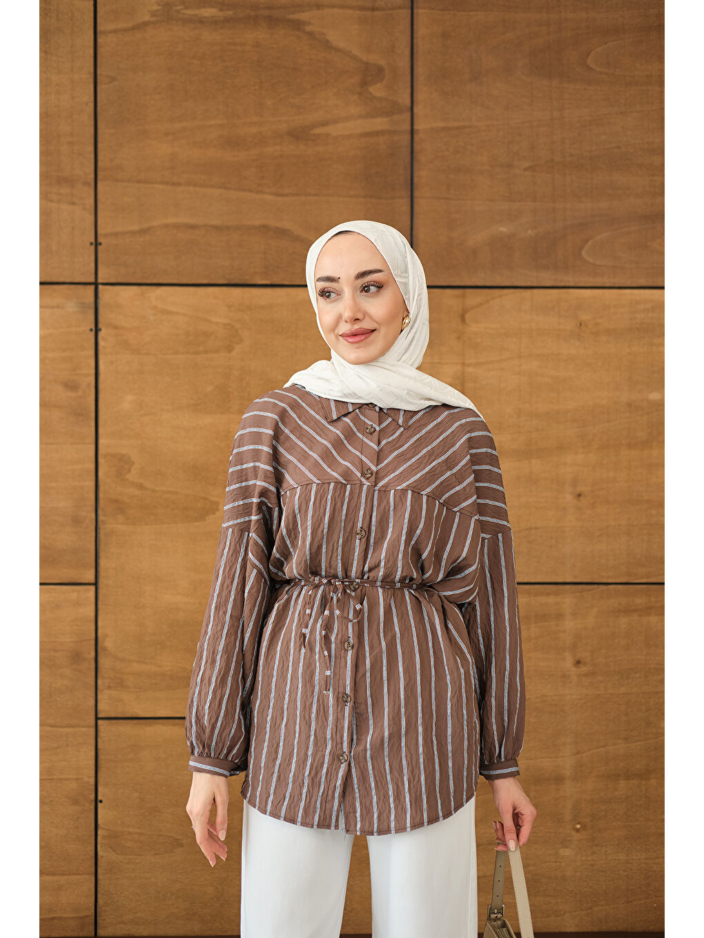 Kahverengi Kadın Çizgi Detaylı Salaş Gömlek Acı Kahve-4
