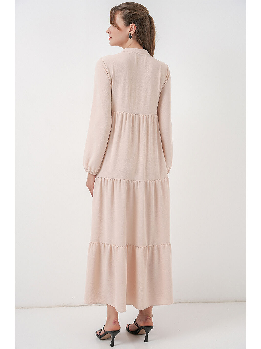 T1627 Yaka Bağcıklı Elbise - C. Bej-5