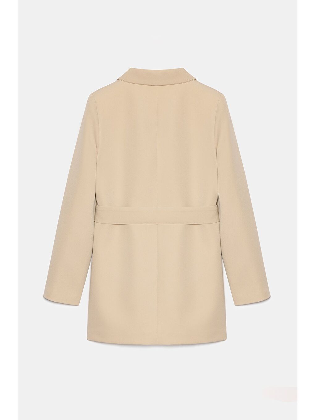 Bej Kadın Tek Düğmeli Dokuma Kruvaze Blazer Ceket - Kuşaklı-4