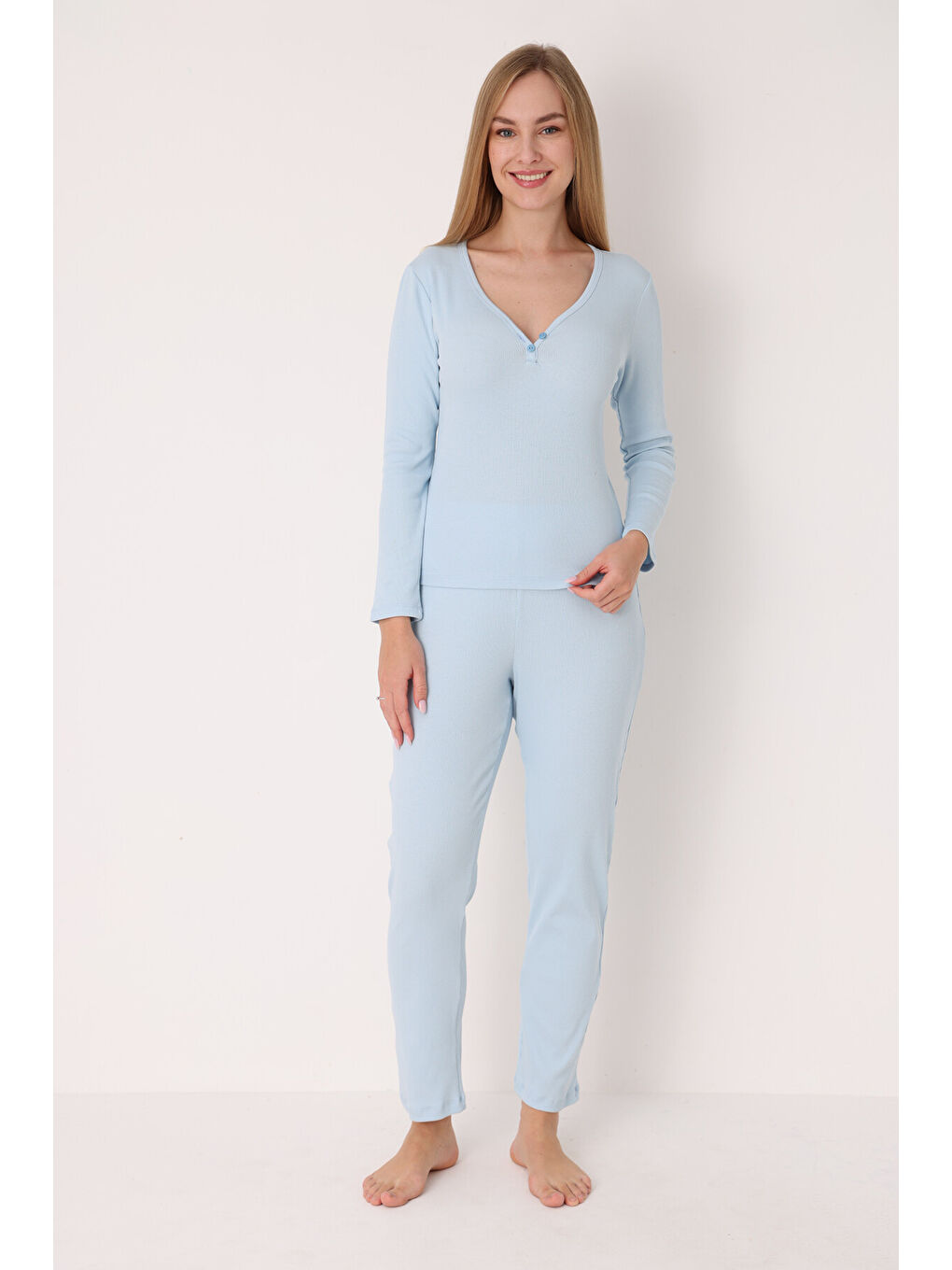 Mavi Patlı V Yaka Pijama Takım-1