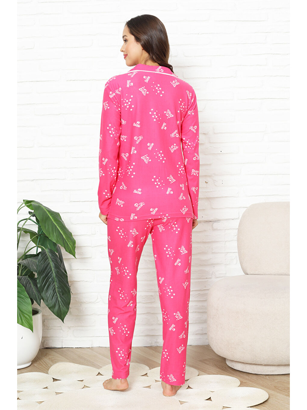 Pembe Kadın %100 Pamuk Pijama Takımı - Pat Yakalı-Baskılı ve Düğme Kapamalı 12354-4