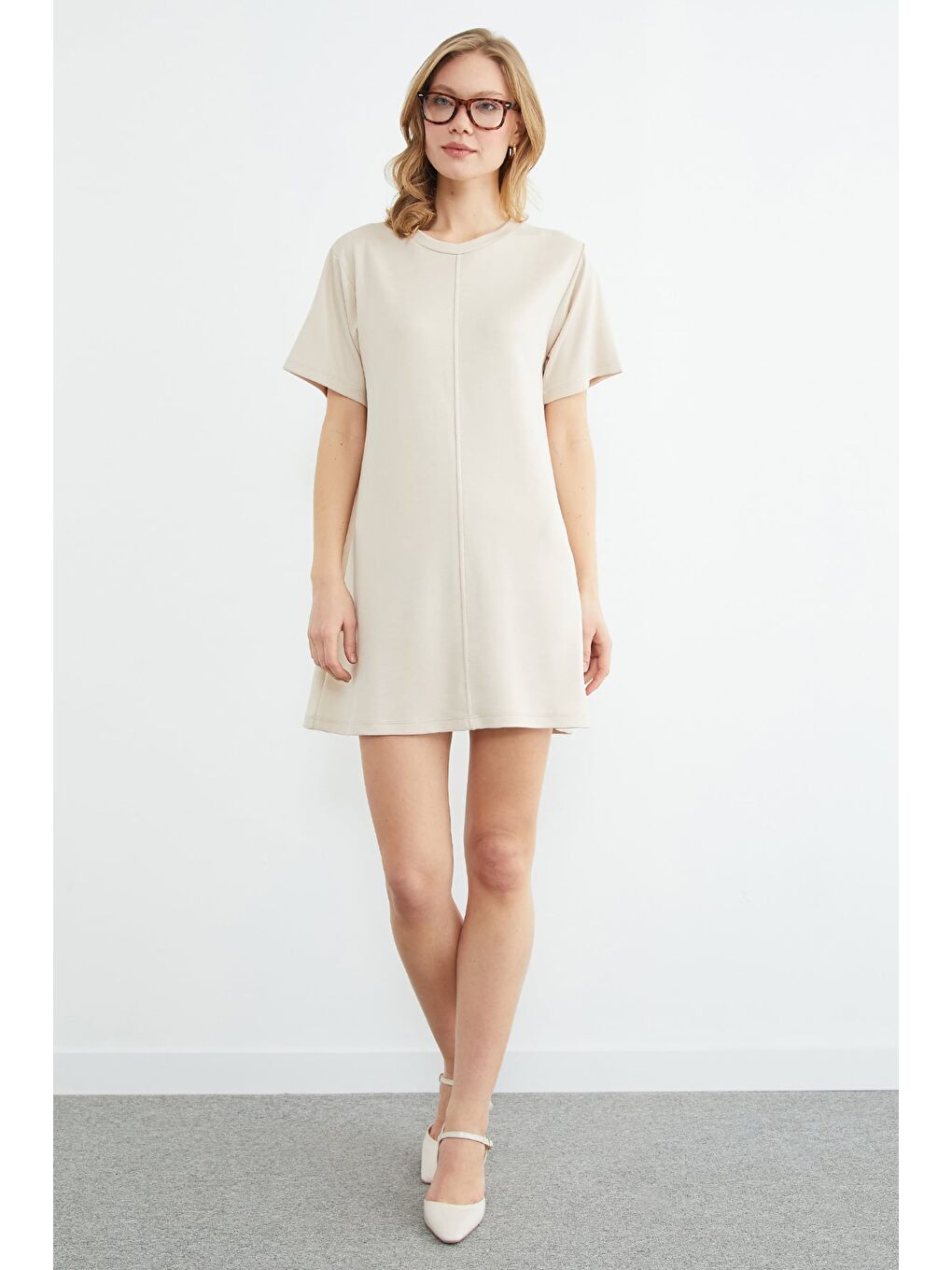 Bej Basic Çimalı Mini Boy Modal Elbise-1