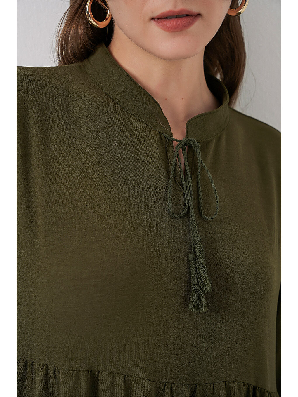 T1627 Yaka Bağcıklı Elbise - D.Haki-4