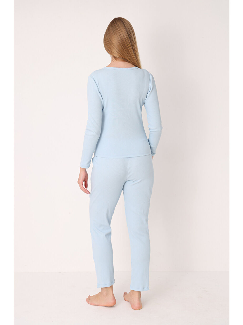 Mavi Patlı V Yaka Pijama Takım-2