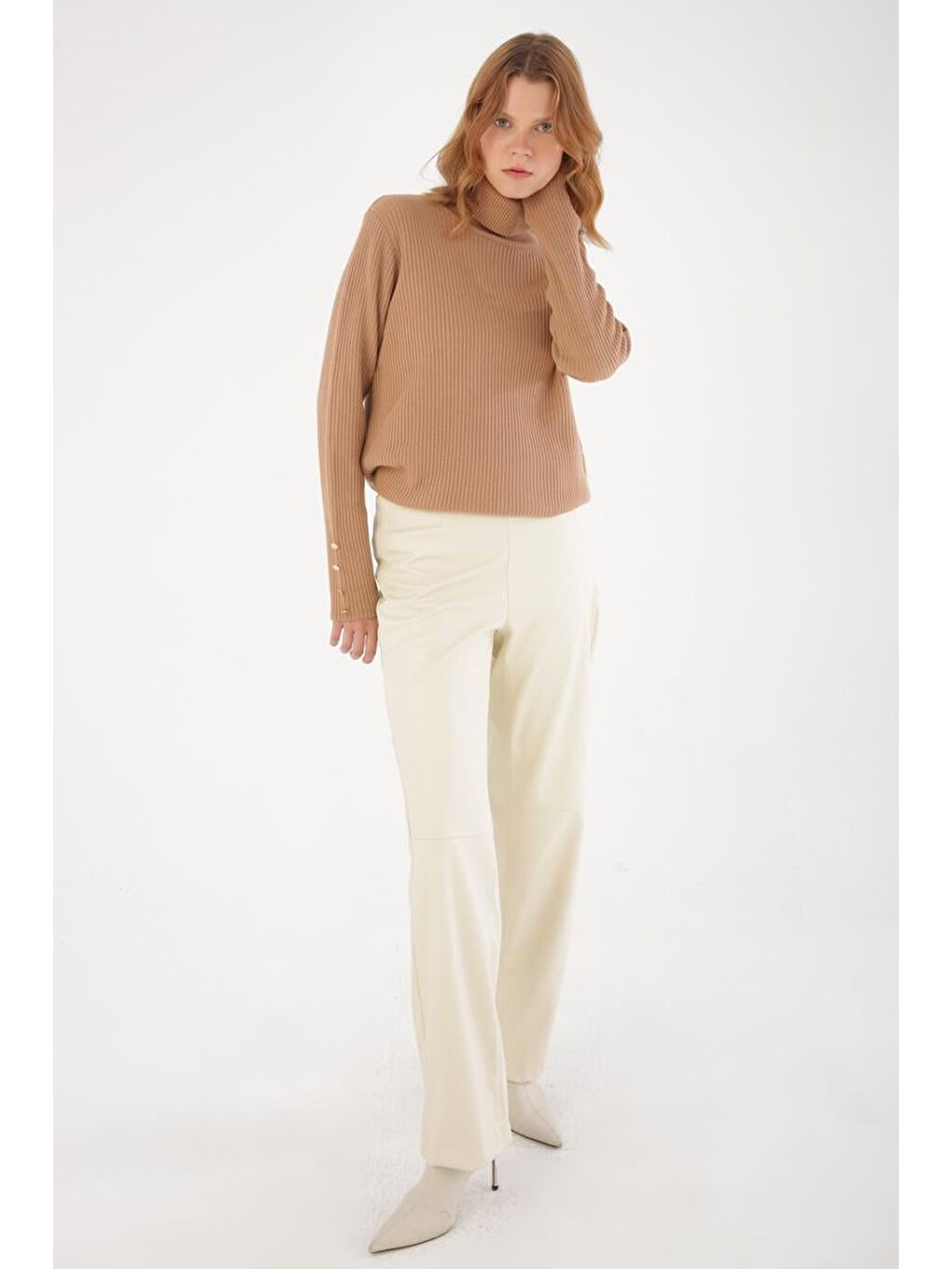 Bej Taş-Yandan Fermuarlı Dikiş Detaylı Suni Deri Pantolon