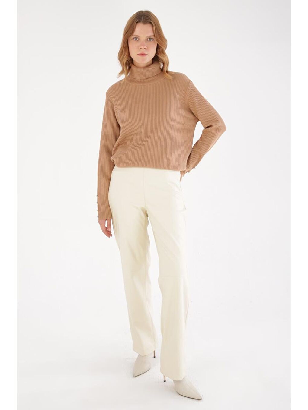 Bej Taş-Yandan Fermuarlı Dikiş Detaylı Suni Deri Pantolon-1