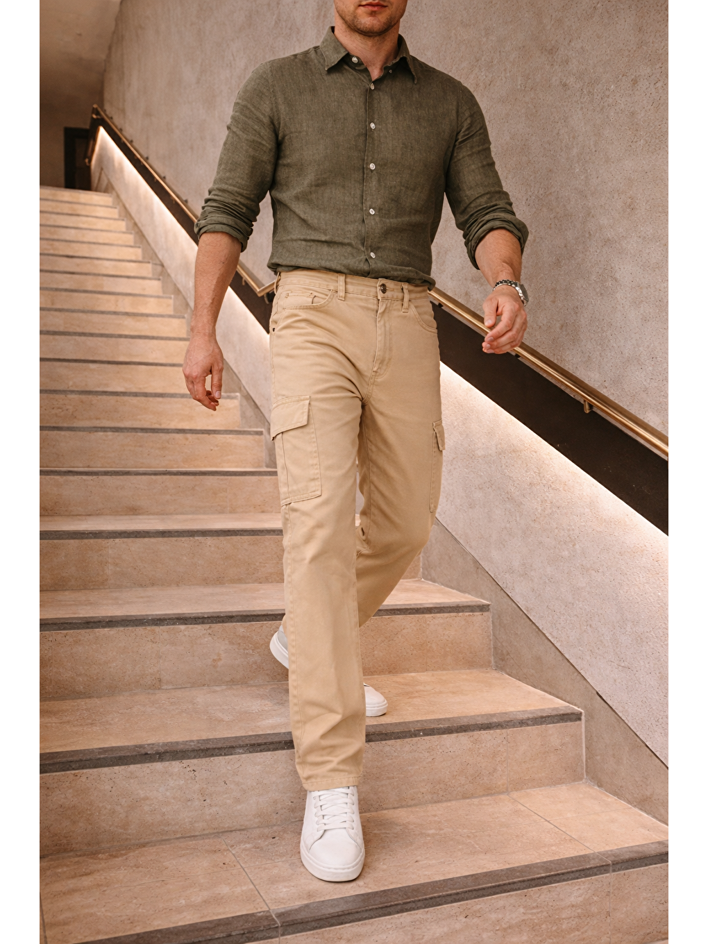 Bej Erkek Yüksek Bel Bol Paça Taş Kargo Baggy Pantolon-1