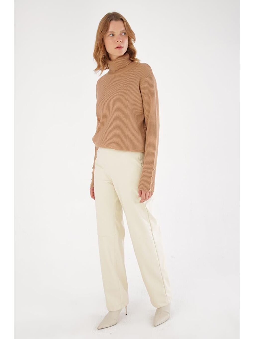 Bej Taş-Yandan Fermuarlı Dikiş Detaylı Suni Deri Pantolon-2
