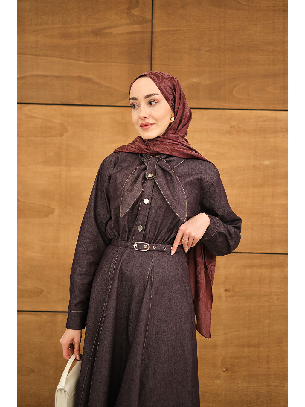 Kadın Süs Dikiş Detay Kemerli Elbise Mürdüm-1