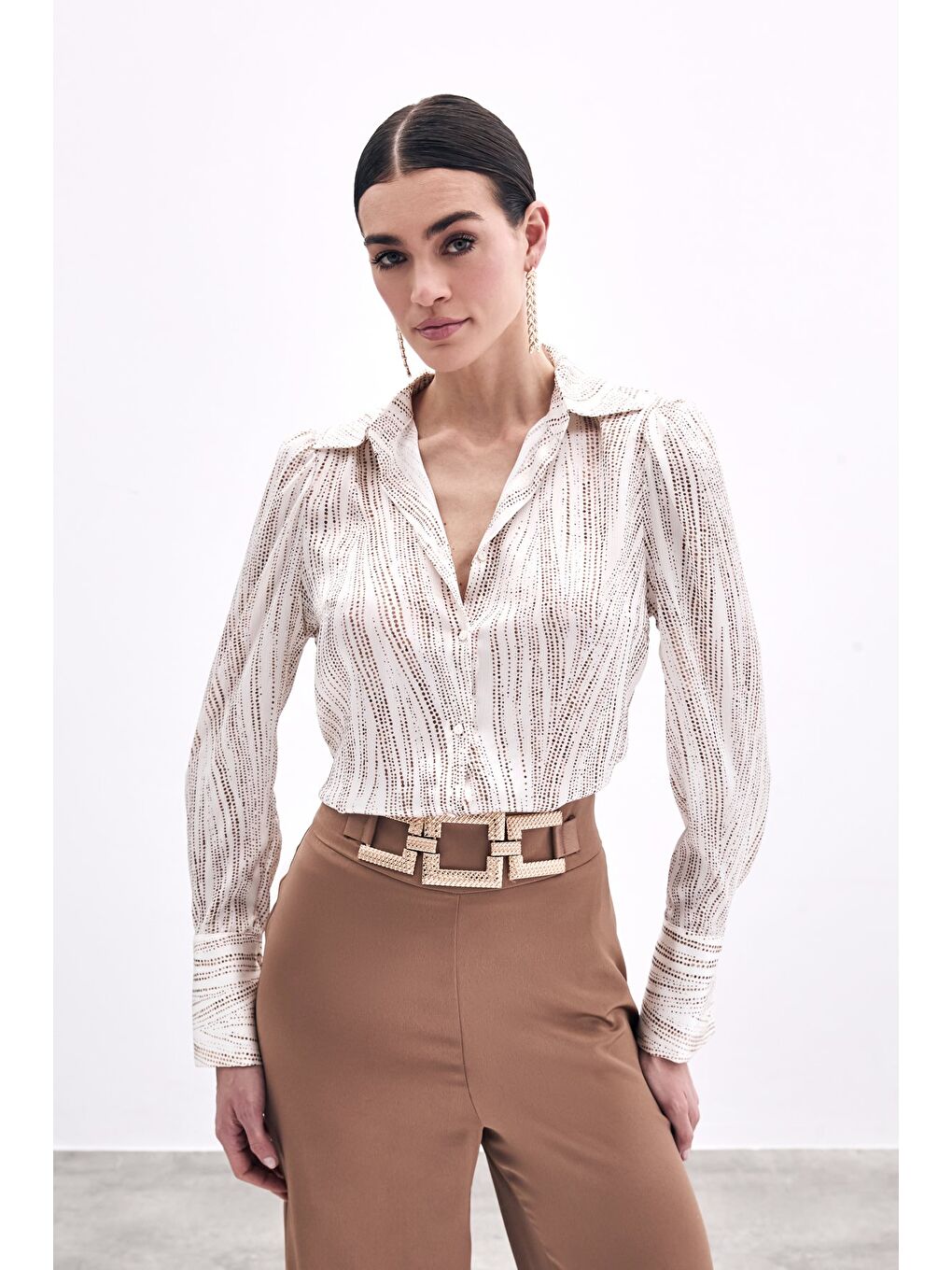 Geniş Manşetli Gömlek - Ekru-Camel