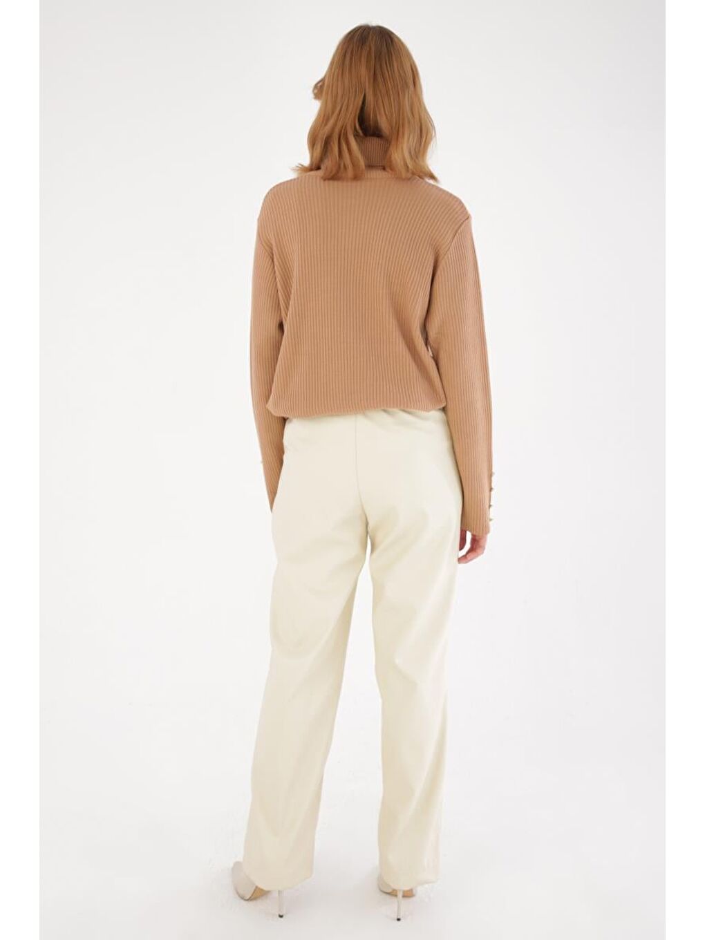 Bej Taş-Yandan Fermuarlı Dikiş Detaylı Suni Deri Pantolon-3