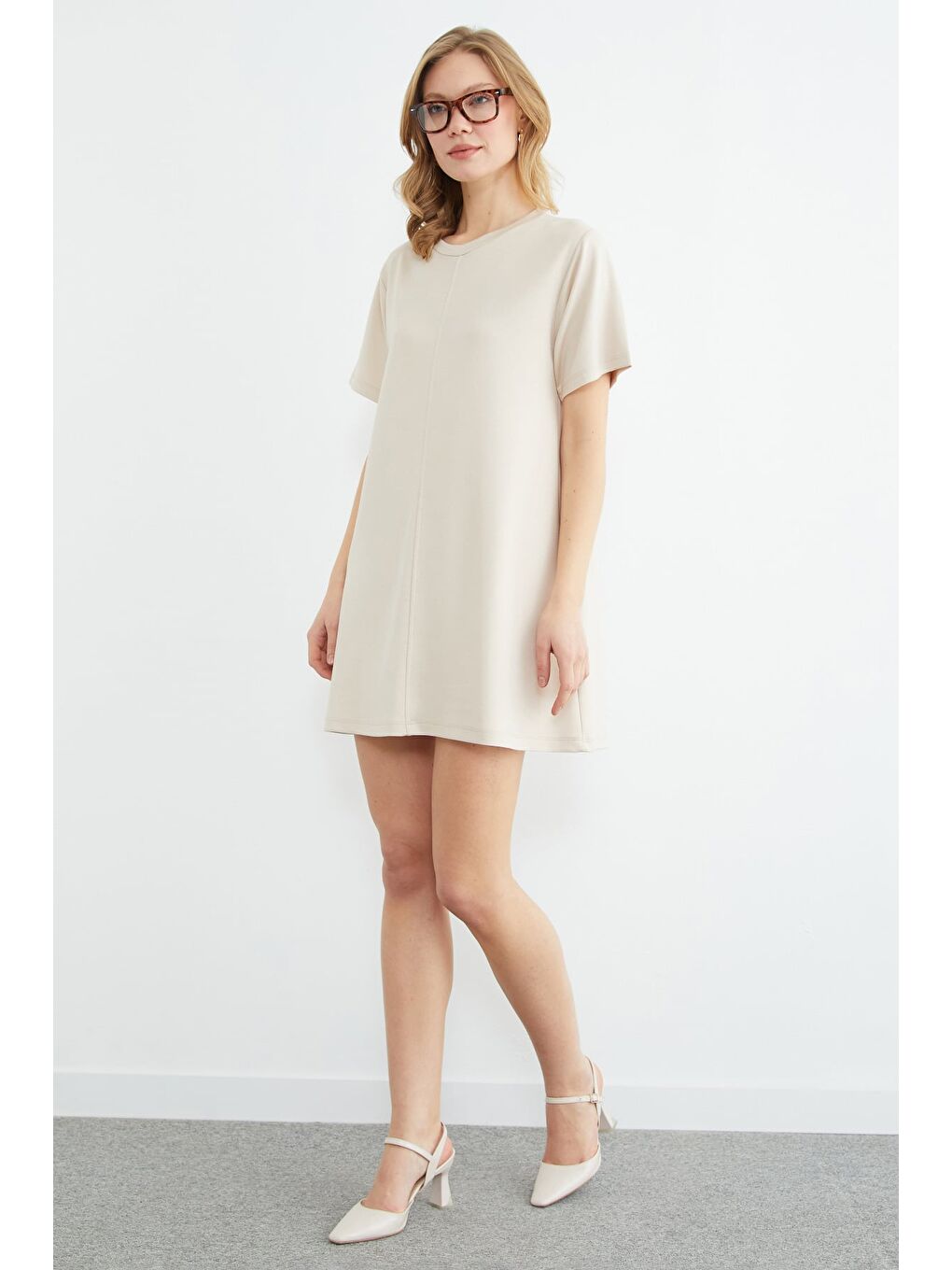 Bej Basic Çimalı Mini Boy Modal Elbise-3
