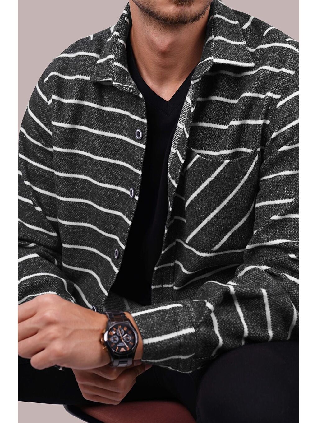 Antrasit Beyaz Çizgili Oversize Oduncu Erkek Gömlek