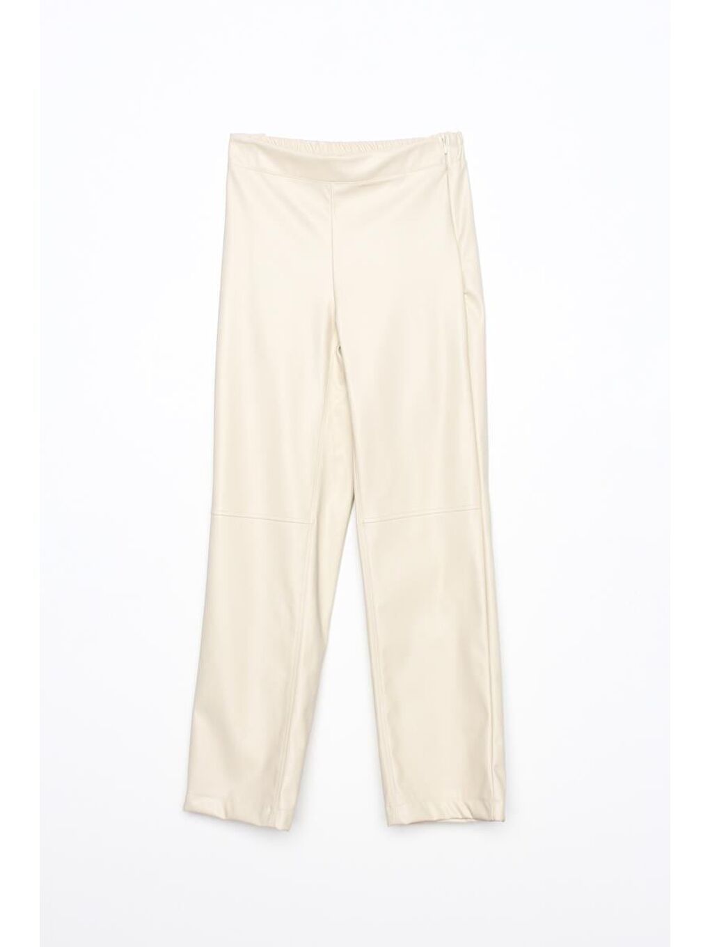 Bej Taş-Yandan Fermuarlı Dikiş Detaylı Suni Deri Pantolon-4