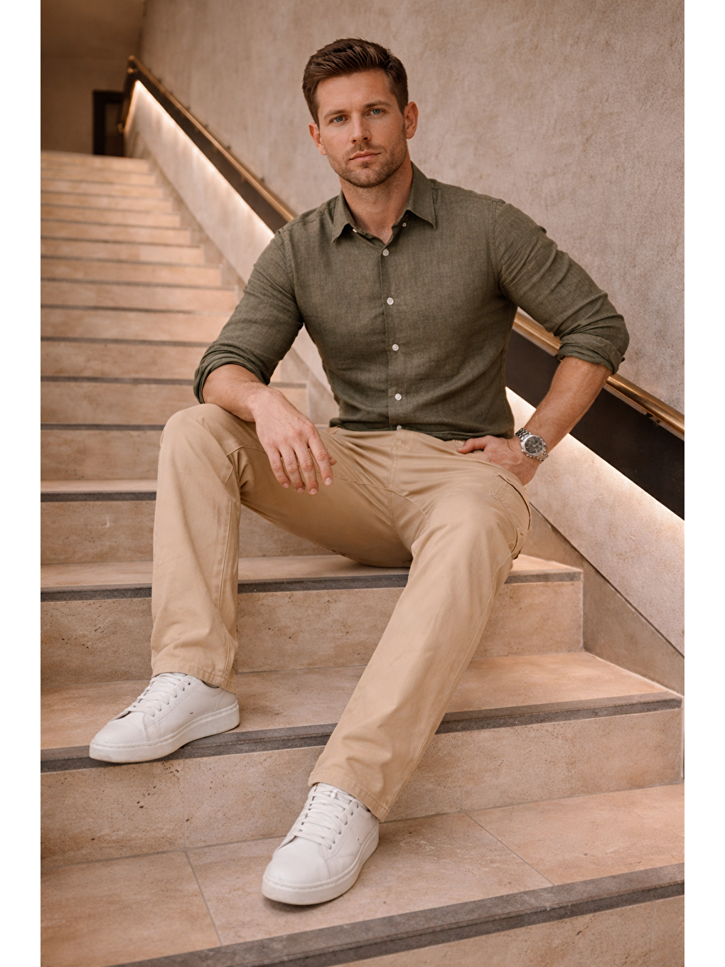 Bej Erkek Yüksek Bel Bol Paça Taş Kargo Baggy Pantolon-2