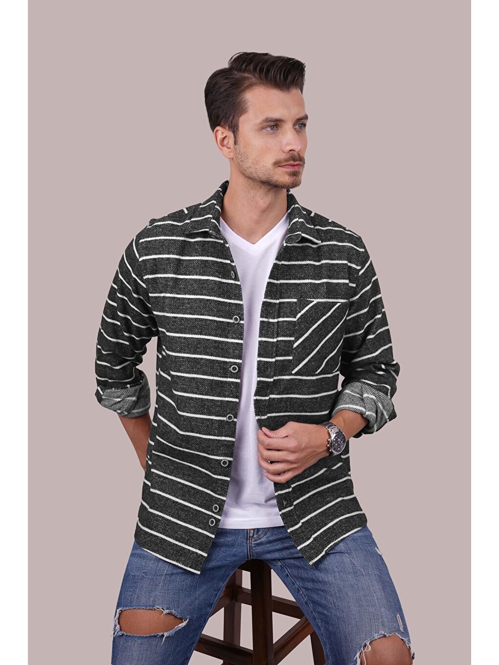 Antrasit Beyaz Çizgili Oversize Oduncu Erkek Gömlek-1