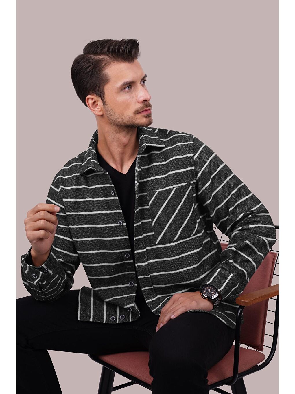 Antrasit Beyaz Çizgili Oversize Oduncu Erkek Gömlek-2