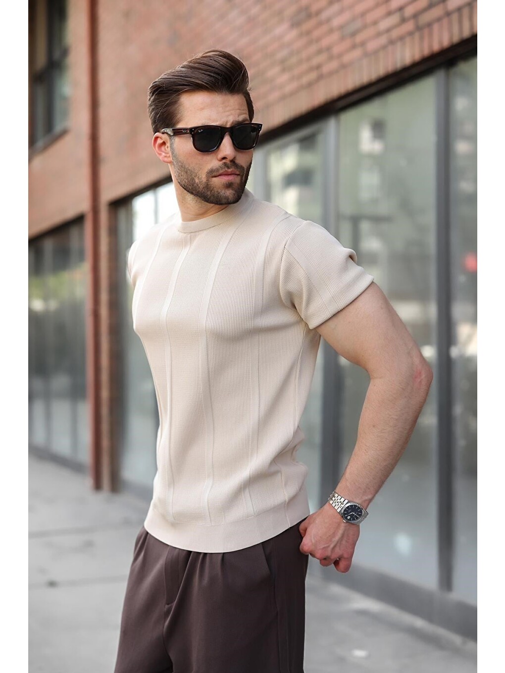 Bej Taş Rengi Regular Fit Bisiklet Yaka Fitilli Triko Erkek Tişört E7490-1