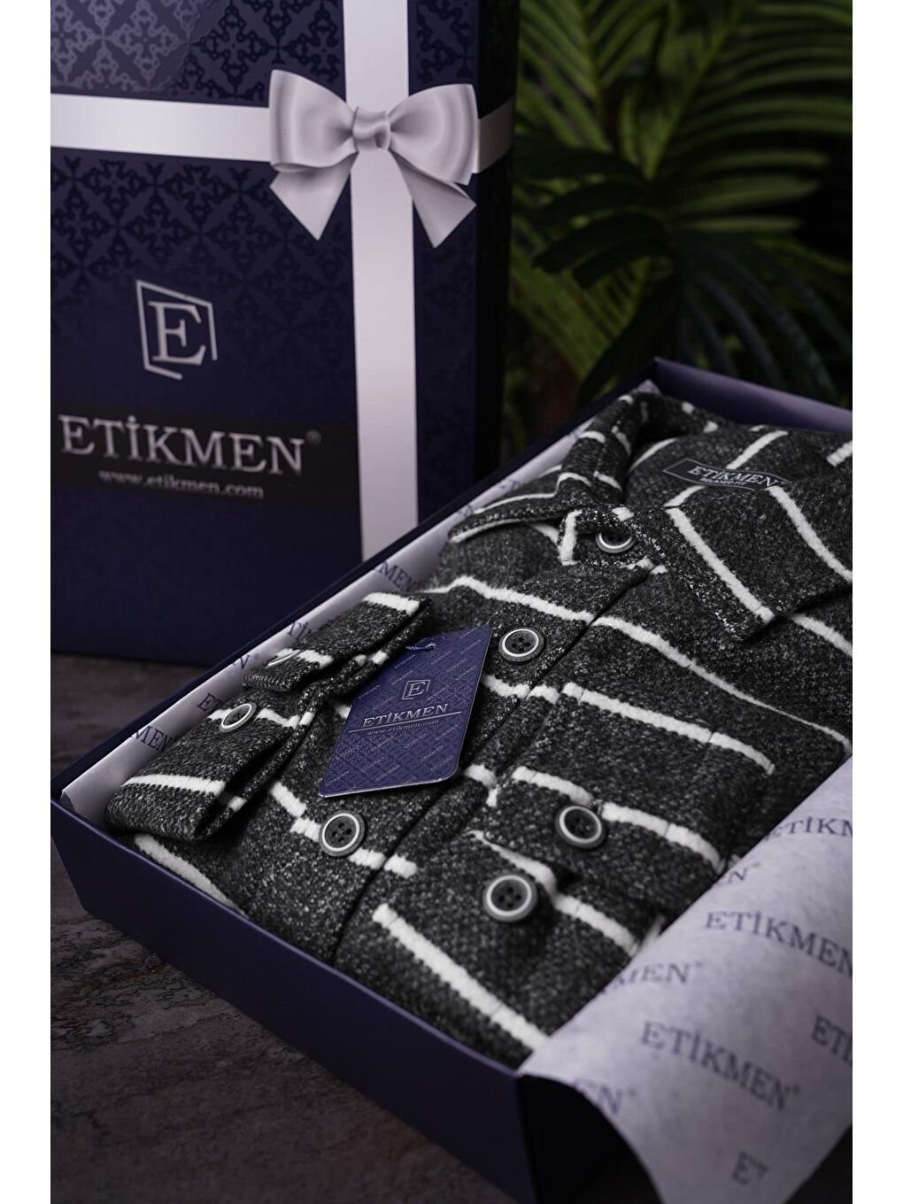 Antrasit Beyaz Çizgili Oversize Oduncu Erkek Gömlek-3