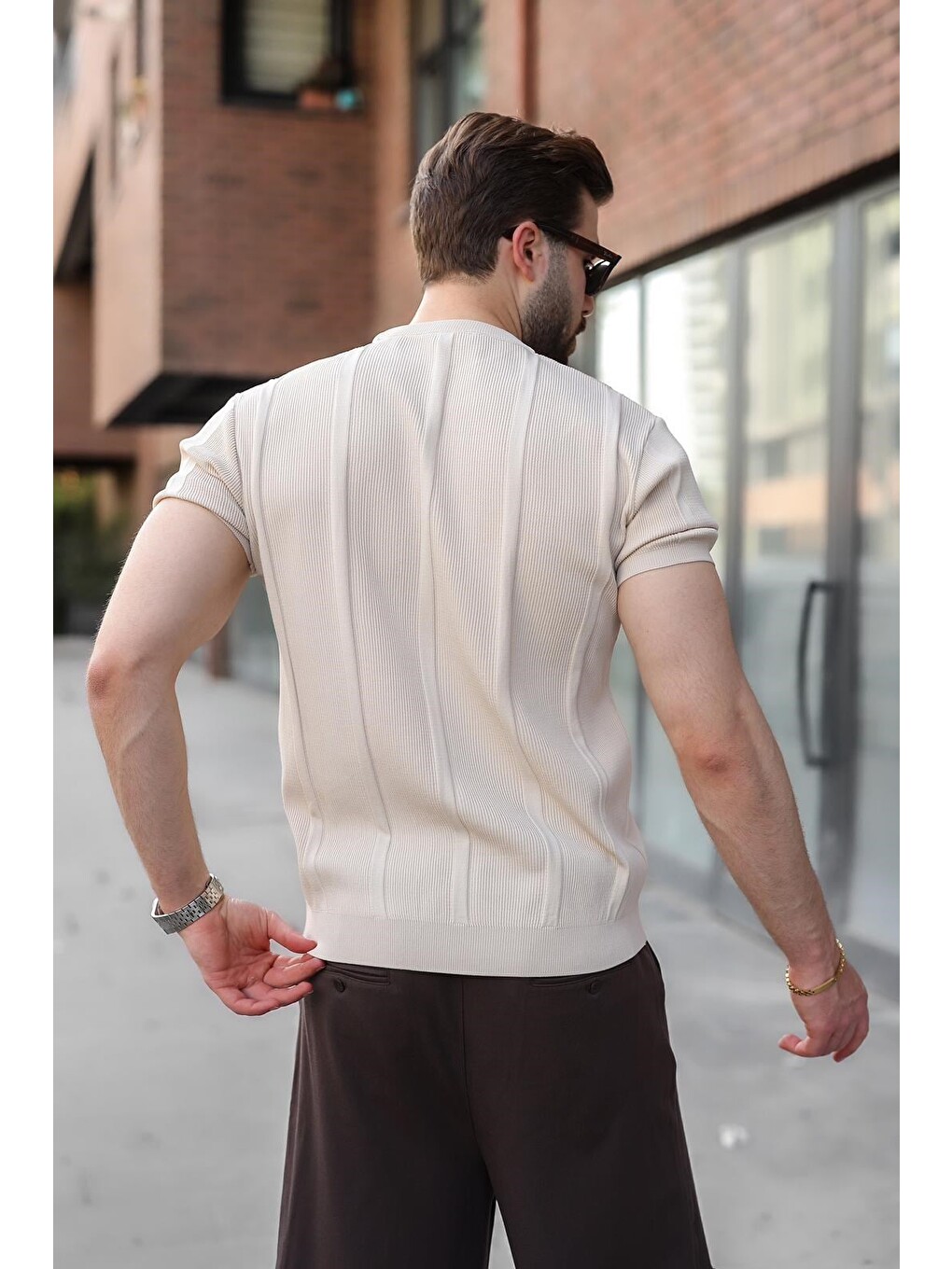 Bej Taş Rengi Regular Fit Bisiklet Yaka Fitilli Triko Erkek Tişört E7490-2