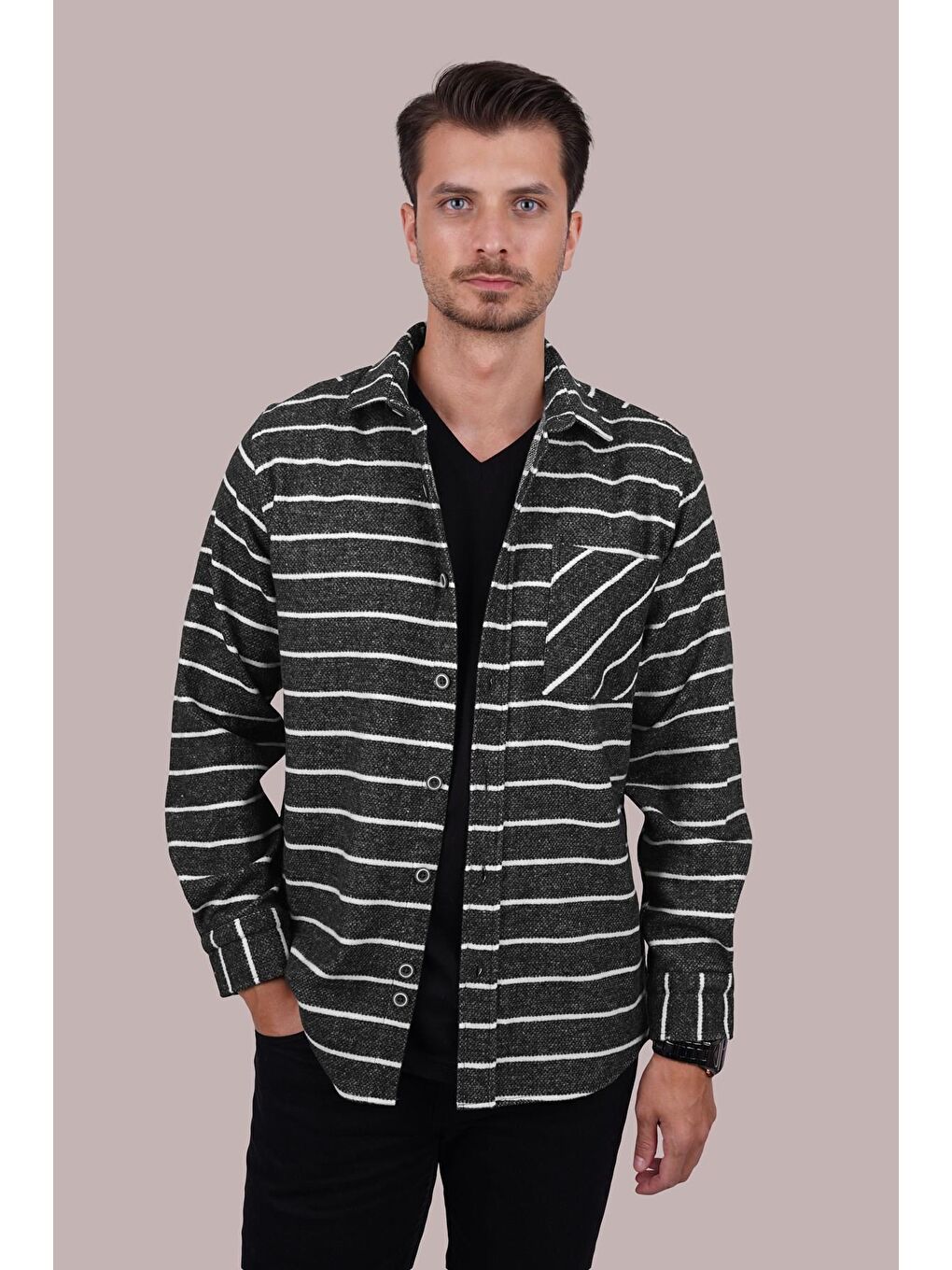 Antrasit Beyaz Çizgili Oversize Oduncu Erkek Gömlek-4