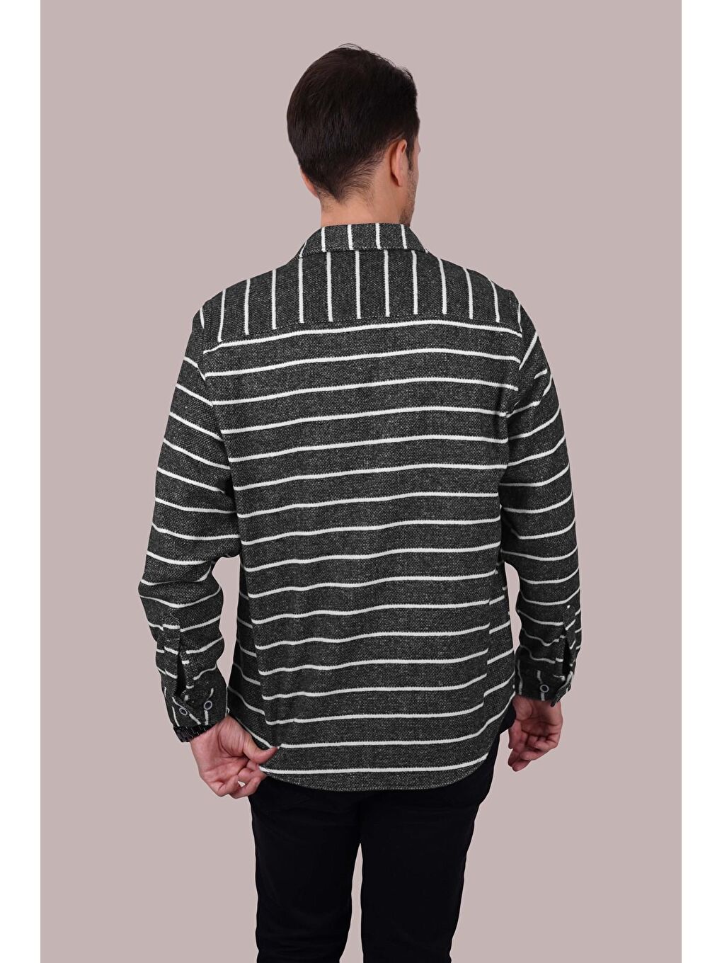 Antrasit Beyaz Çizgili Oversize Oduncu Erkek Gömlek-6