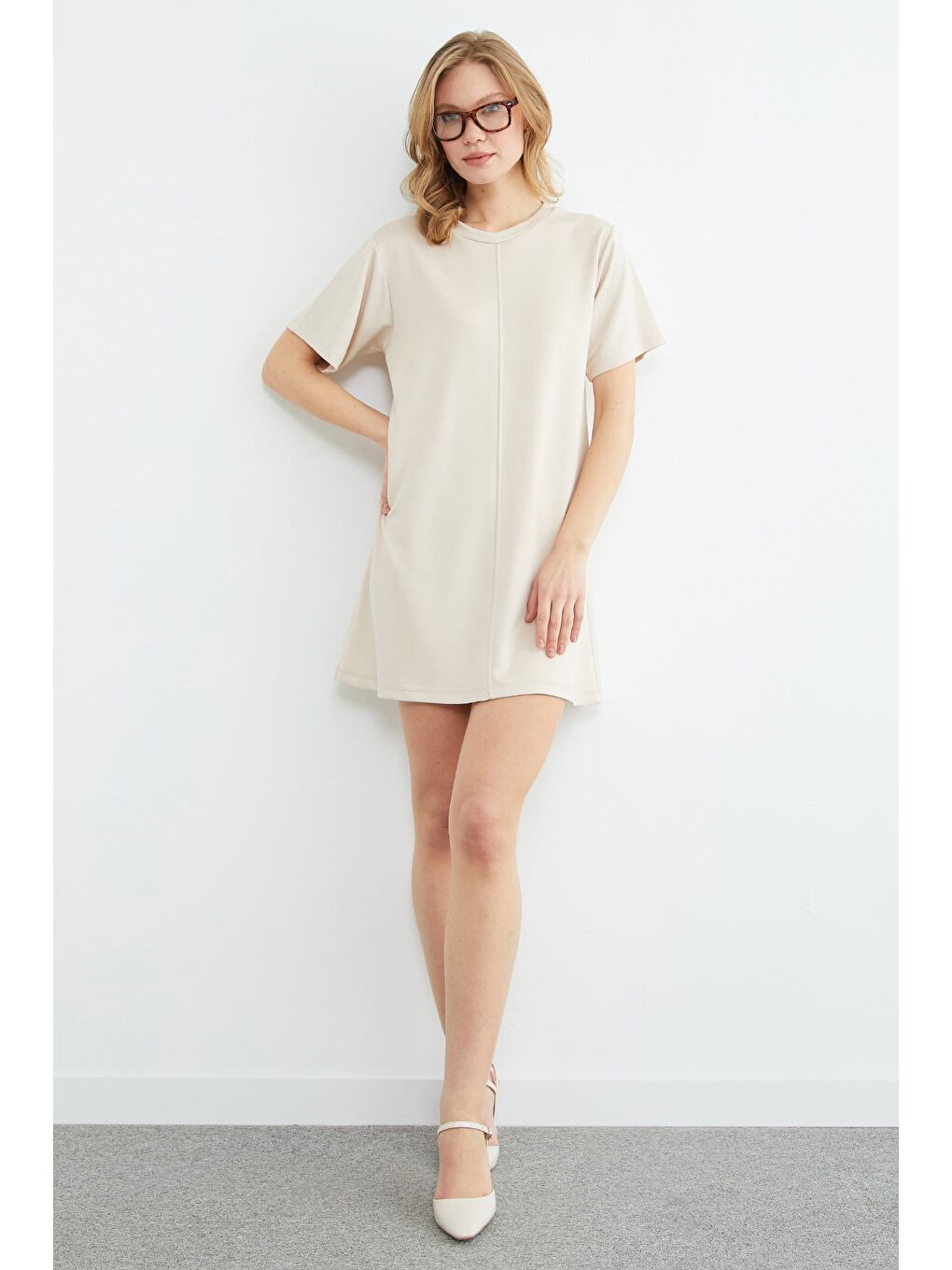 Bej Basic Çimalı Mini Boy Modal Elbise-4