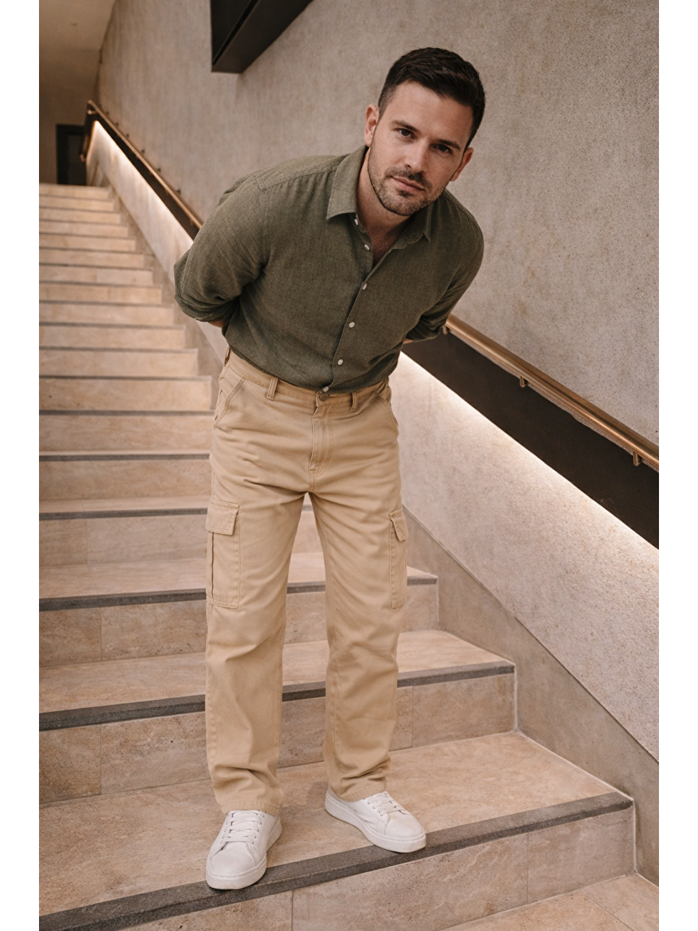 Bej Erkek Yüksek Bel Bol Paça Taş Kargo Baggy Pantolon-3