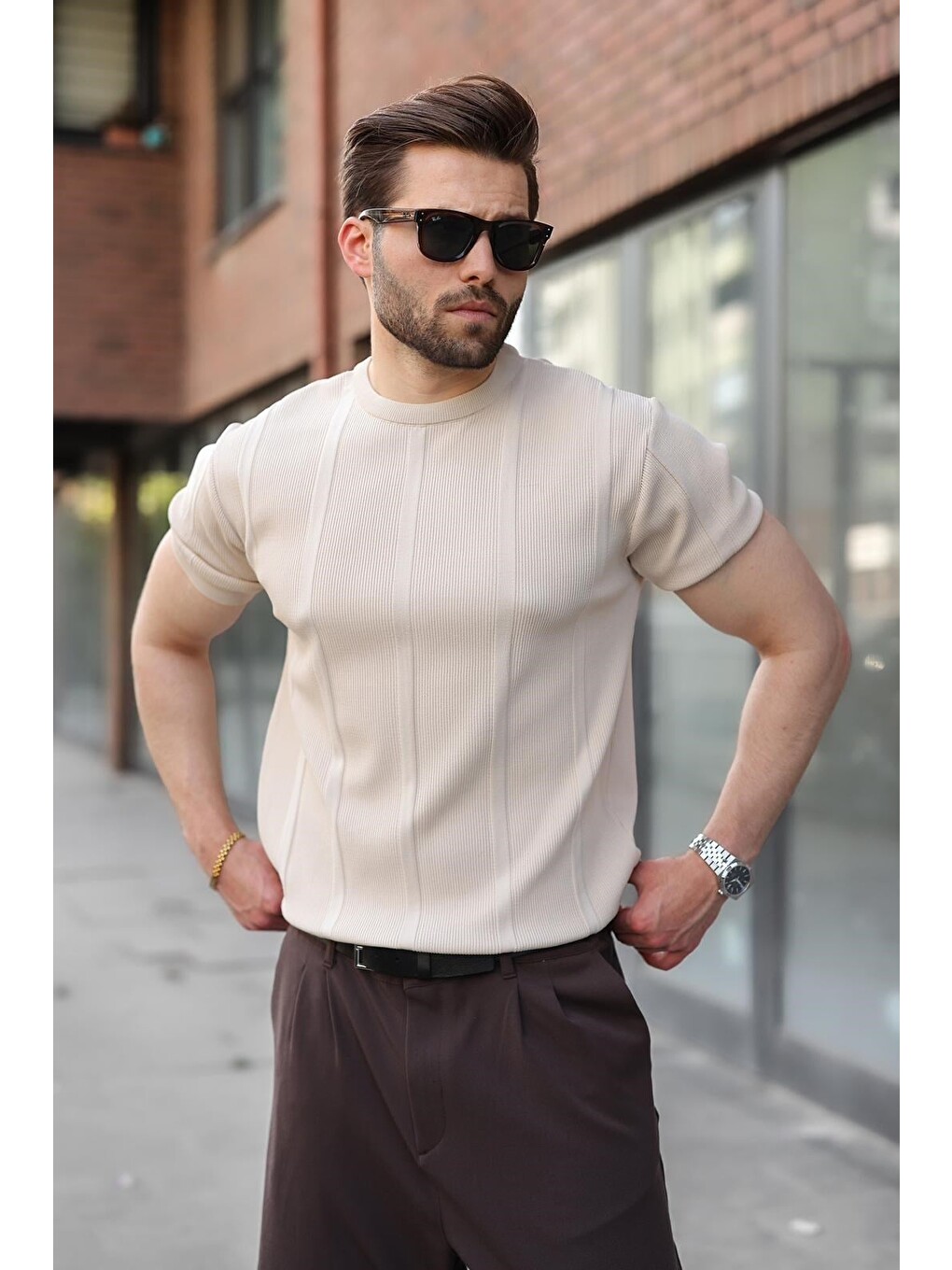 Bej Taş Rengi Regular Fit Bisiklet Yaka Fitilli Triko Erkek Tişört E7490-4