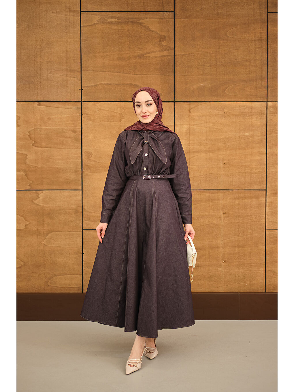 Kadın Süs Dikiş Detay Kemerli Elbise Mürdüm-2