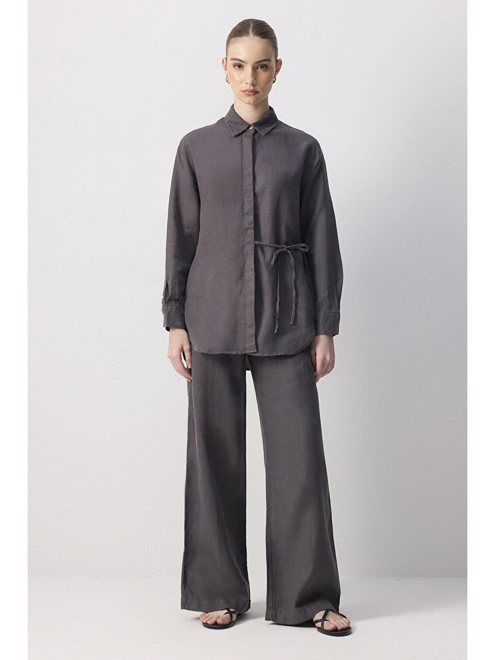 Antrasit %100 Keten Yandan Bağlamalı Tunik Pantolon Takım-4