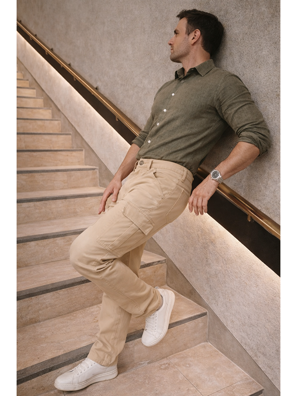 Bej Erkek Yüksek Bel Bol Paça Taş Kargo Baggy Pantolon-4