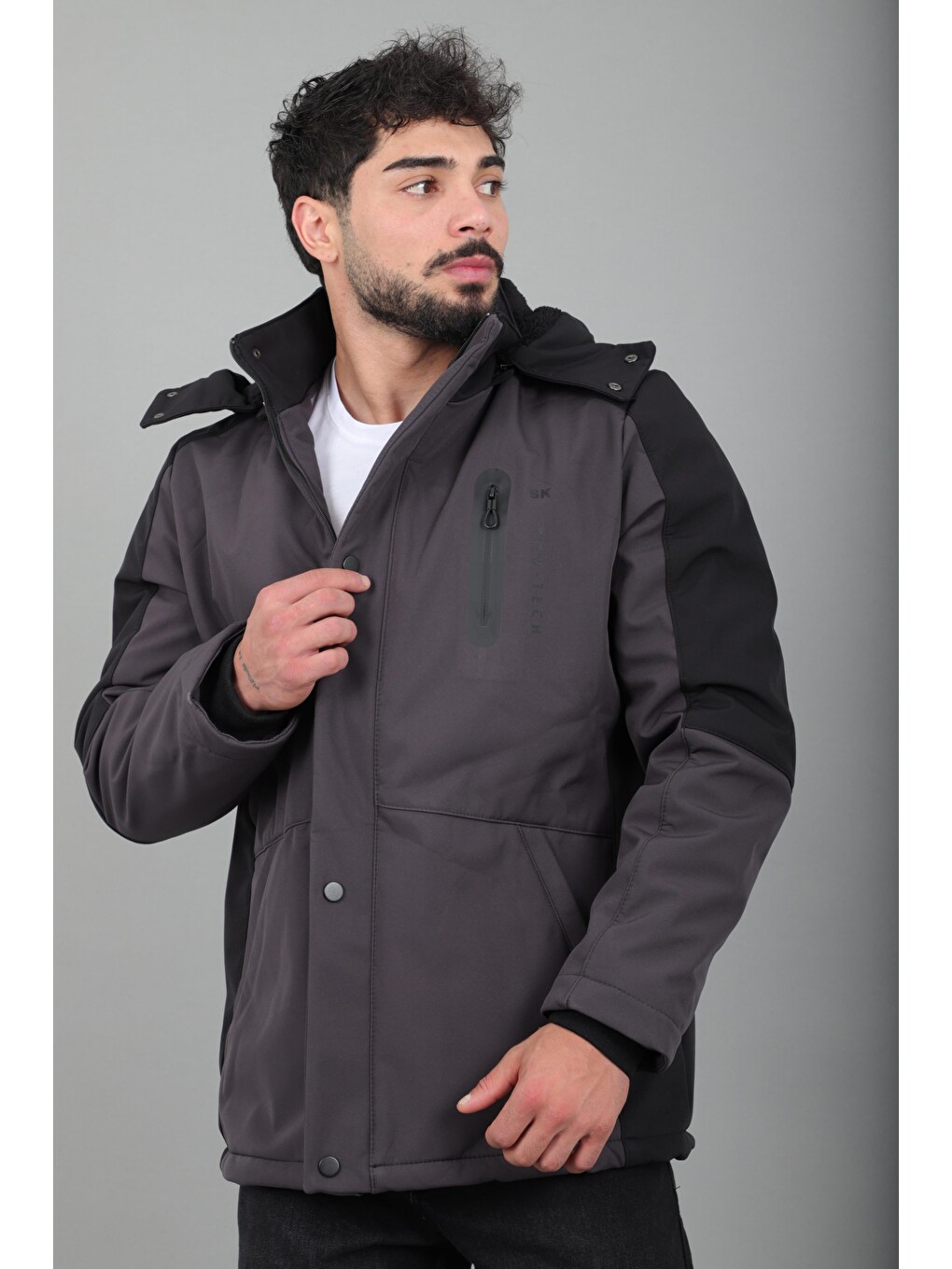 Gri Çift Renk İçi Kürklü Softshell Kışlık Mont Pldp 3041_50525-1