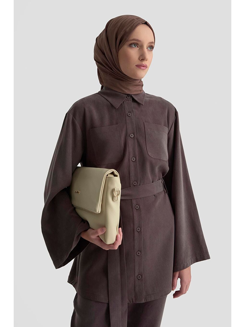 Kahverengi Kemerli Keten Takım 25Kd1104 Acı Kahve