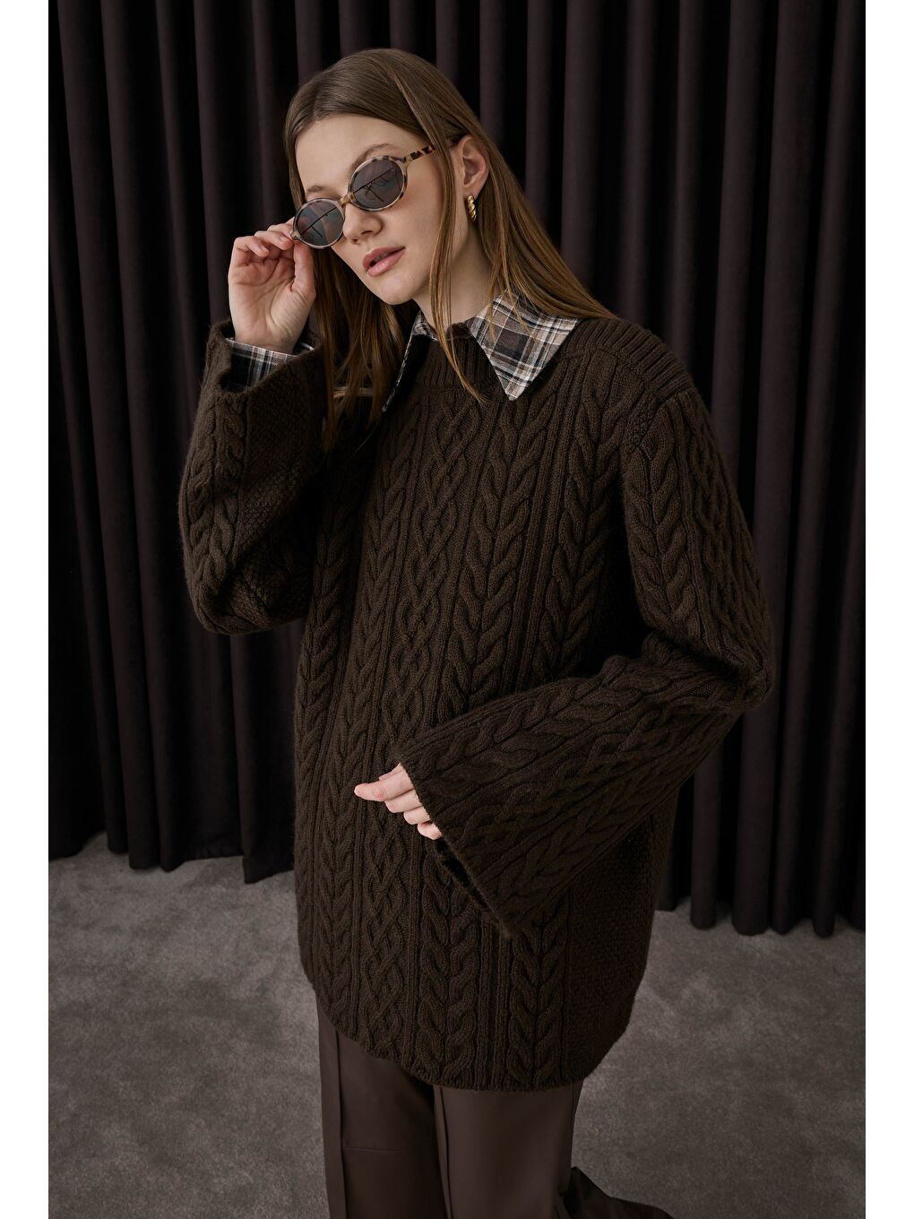 Kahverengi Saç Örgülü Kazak Kahve-2