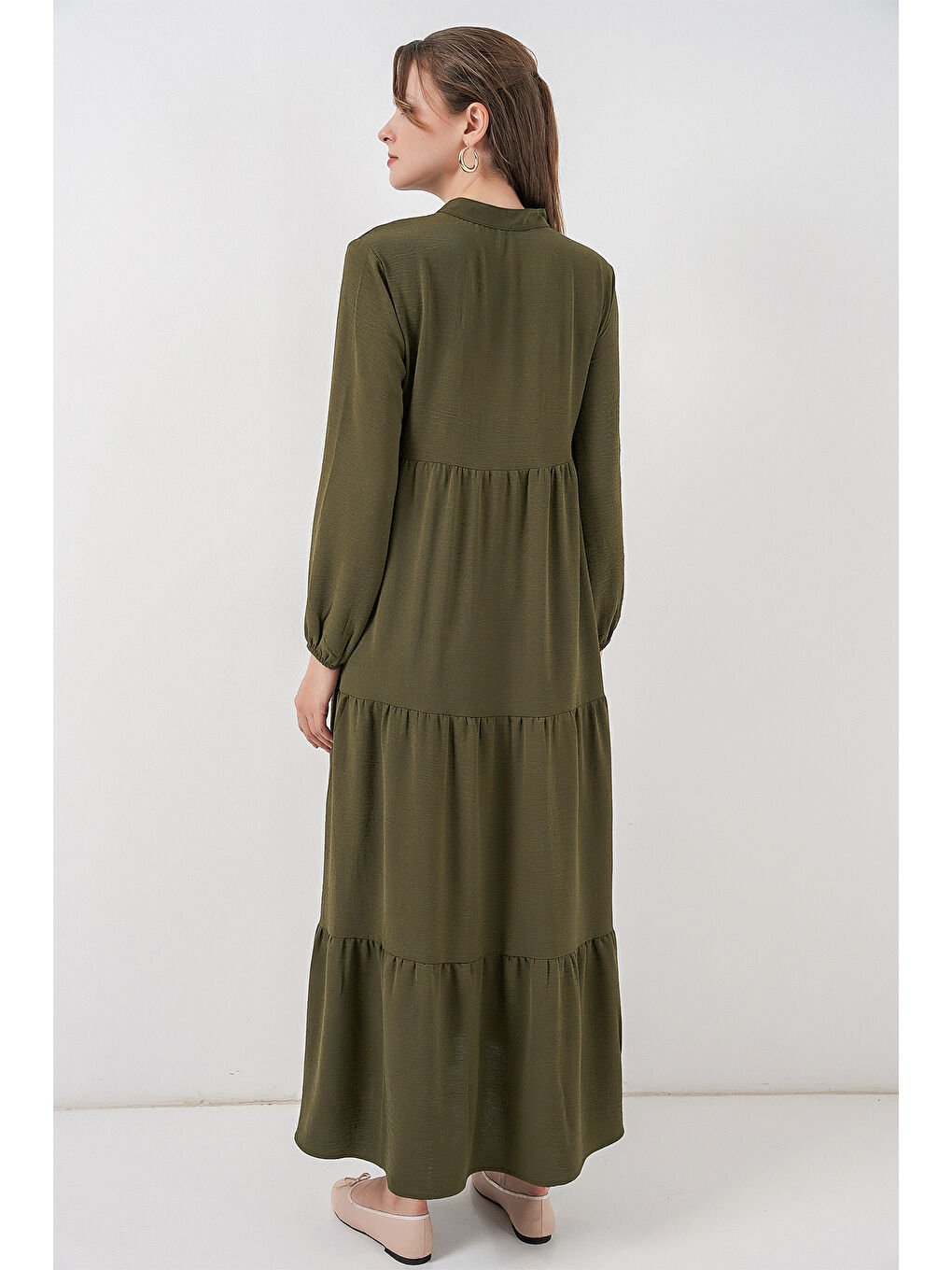 T1627 Yaka Bağcıklı Elbise - D.Haki-5