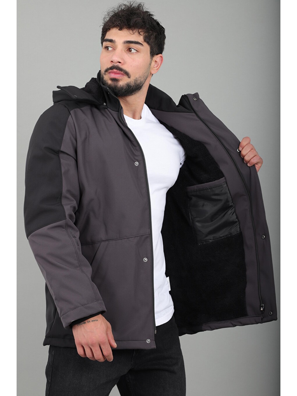 Gri Çift Renk İçi Kürklü Softshell Kışlık Mont Pldp 3041_50525-2