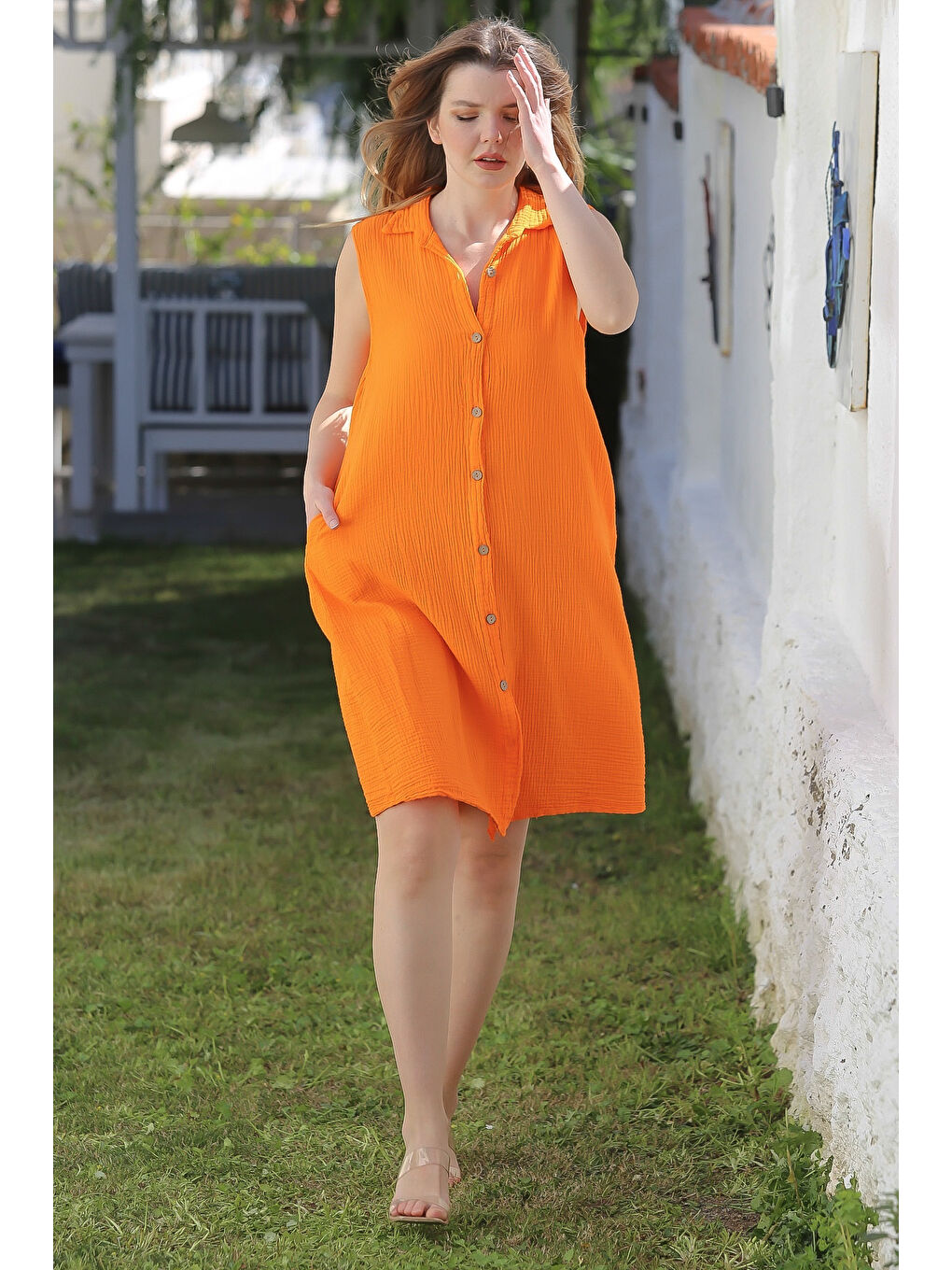 Turuncu Gömlek Yaka Kolsuz Düğmeli Cepli Yıkamalı Casual Müslin Dokuma Elbise 105 60-1