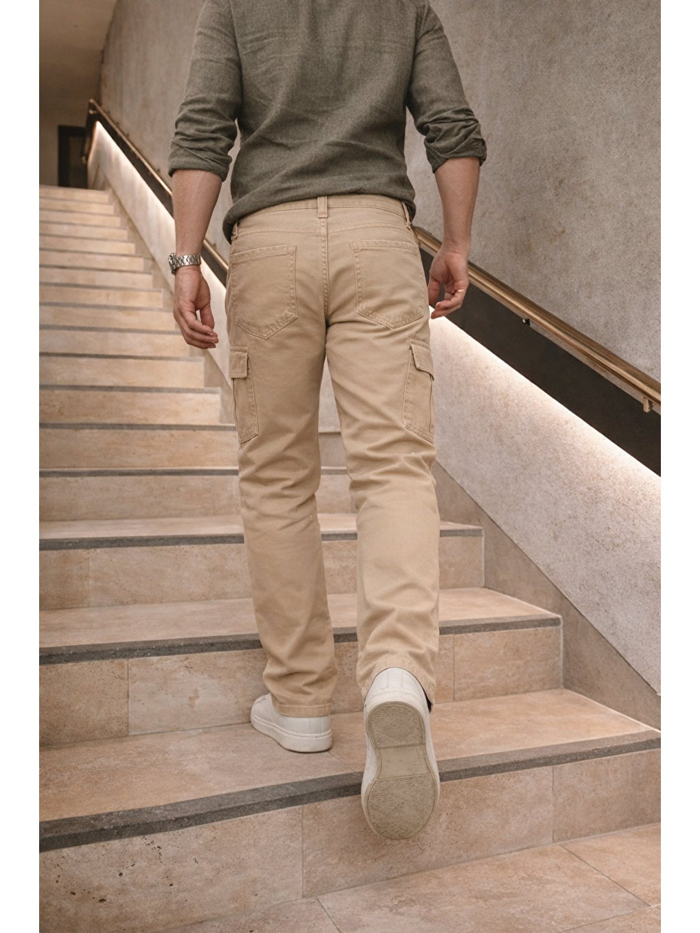 Bej Erkek Yüksek Bel Bol Paça Taş Kargo Baggy Pantolon-5