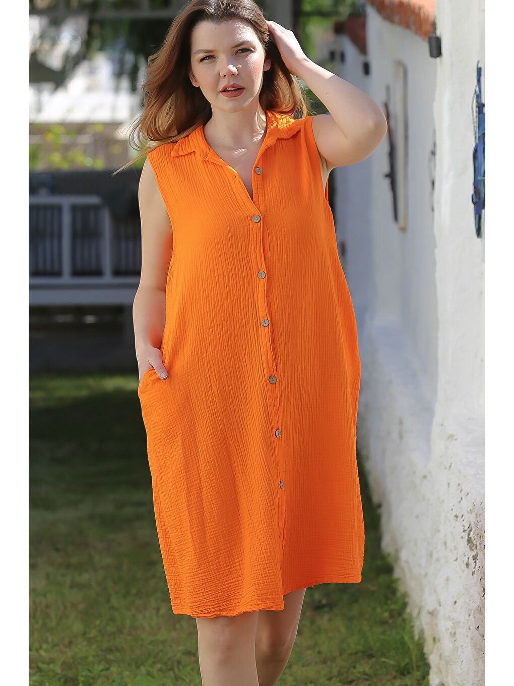 Turuncu Gömlek Yaka Kolsuz Düğmeli Cepli Yıkamalı Casual Müslin Dokuma Elbise 105 60-2