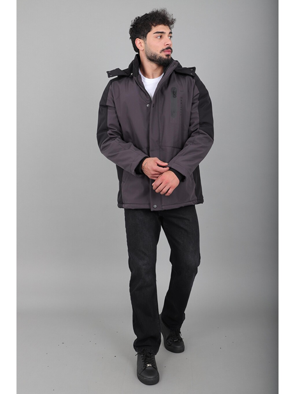 Gri Çift Renk İçi Kürklü Softshell Kışlık Mont Pldp 3041_50525-3