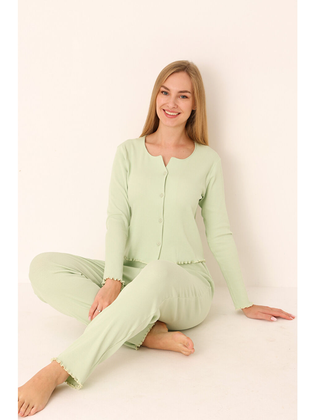 Yeşil Önden Düğmeli Pijama Takımı-2