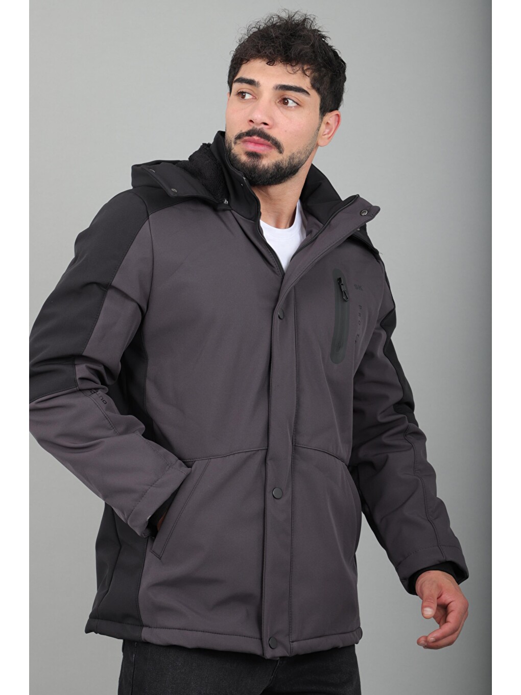 Gri Çift Renk İçi Kürklü Softshell Kışlık Mont Pldp 3041_50525-4