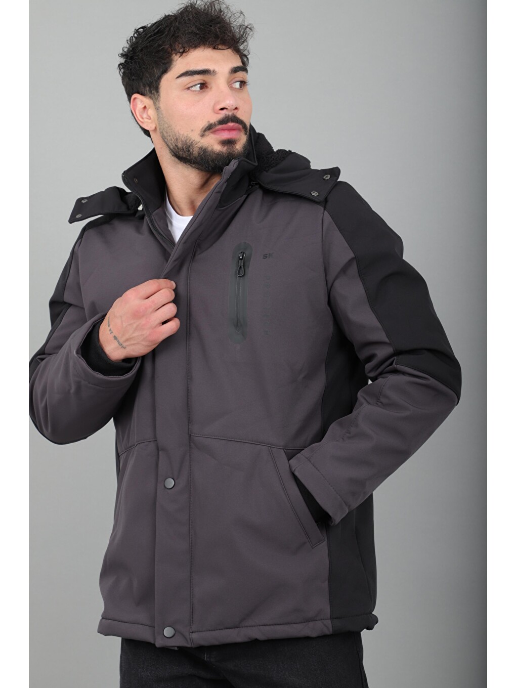 Gri Çift Renk İçi Kürklü Softshell Kışlık Mont Pldp 3041_50525-5