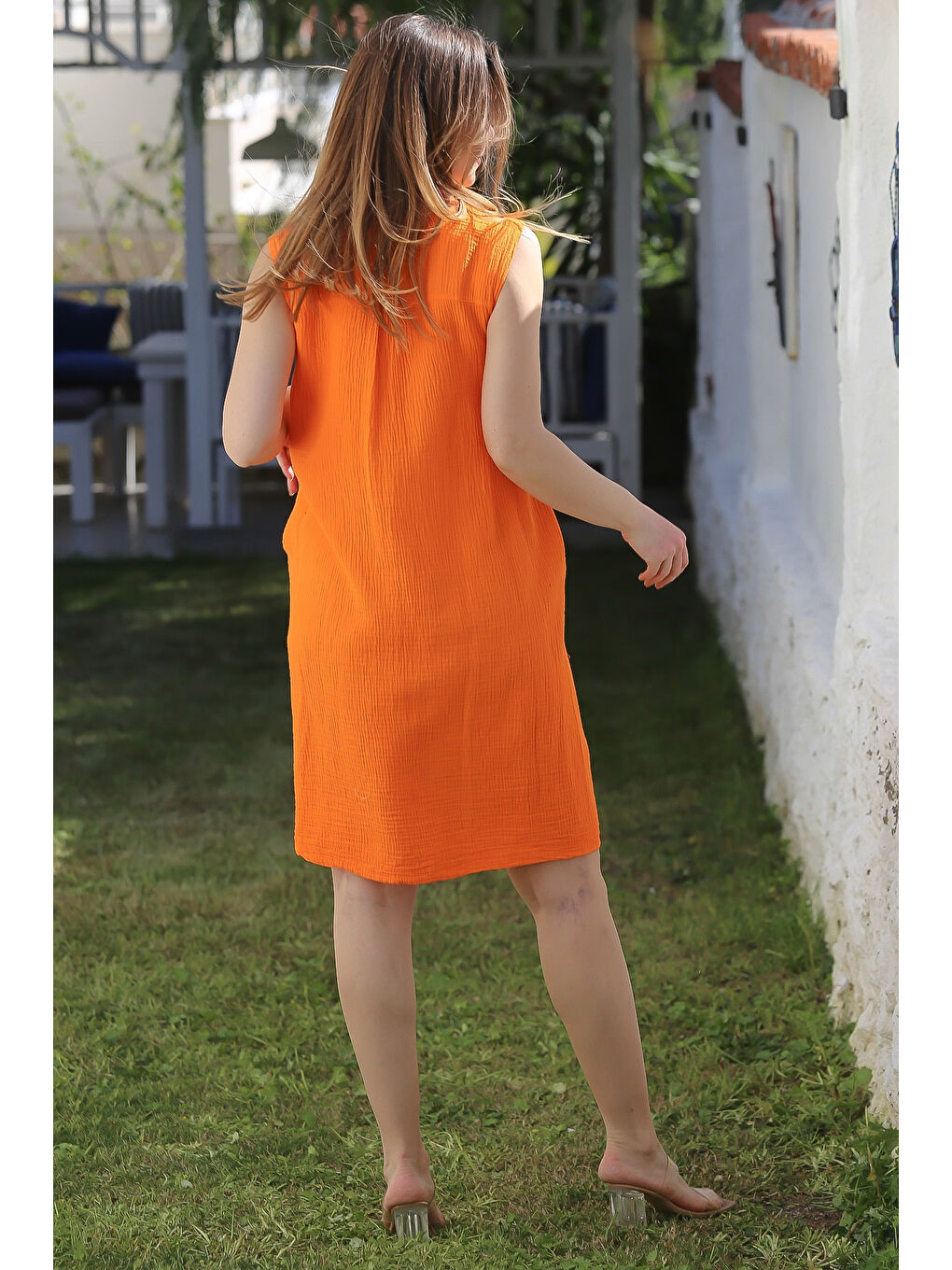 Turuncu Gömlek Yaka Kolsuz Düğmeli Cepli Yıkamalı Casual Müslin Dokuma Elbise 105 60-6